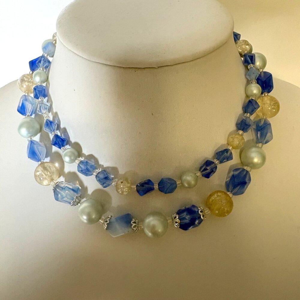 Vintage Double Strand Blue Silver Tone Beaded Necklace Faceted Classic Elegant
